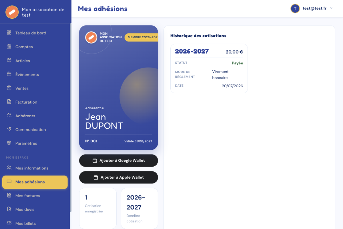 Page Mes adhésions avec la carte de membre et l'historique des cotisations.
