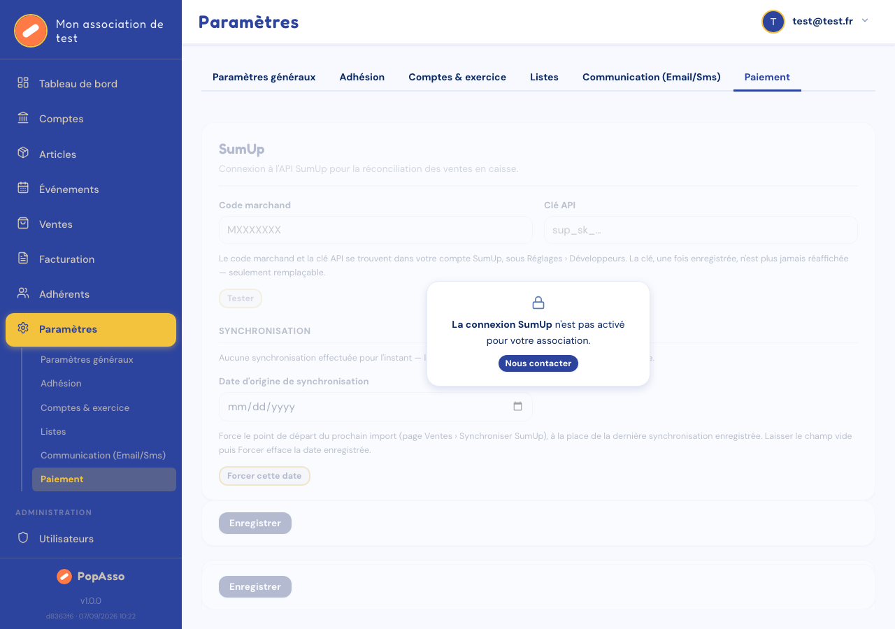 Paramètres de paiement : SumUp, PayPal et virement bancaire.