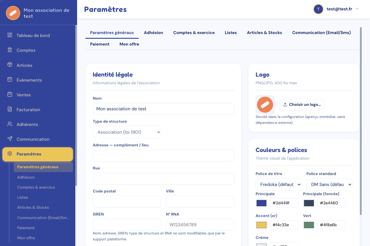 Paramètres généraux : logo, couleurs et polices de l'association.