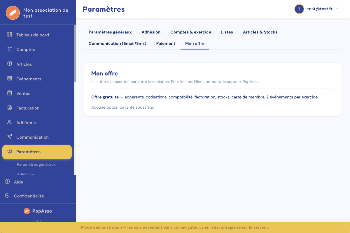Paramètres, onglet Mon offre, avec l'offre gratuite et l'absence d'option payante.