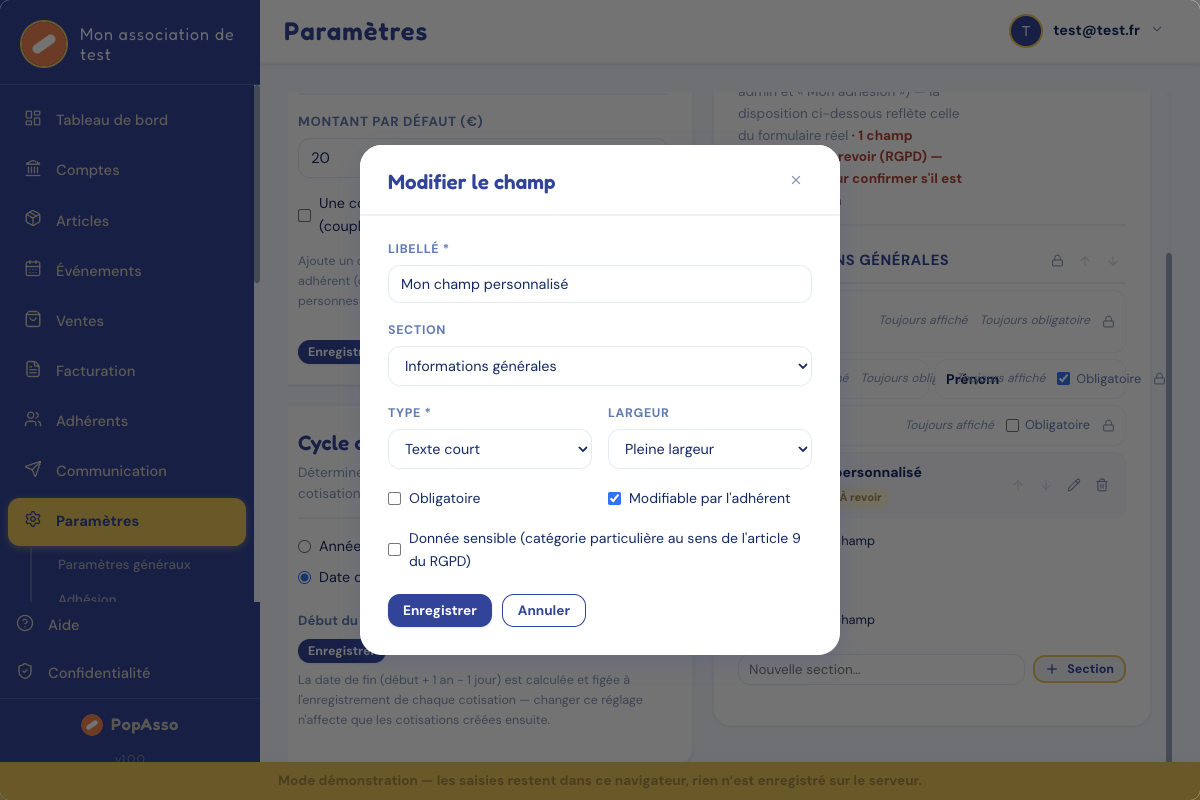 Fenêtre « Modifier le champ » avec la case « Donnée sensible ».