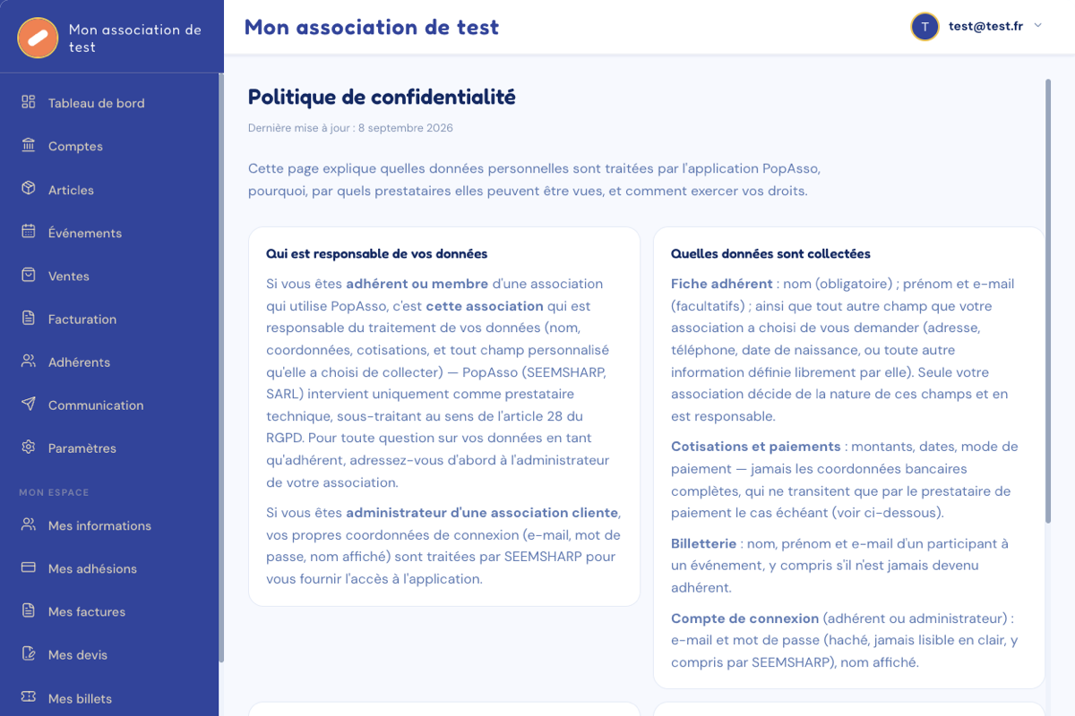 Page Politique de confidentialité de l'application.