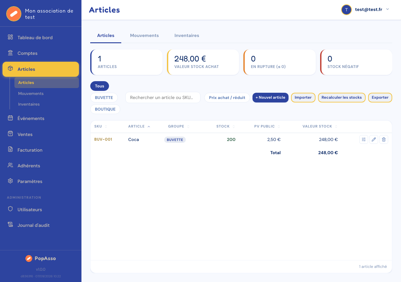 Liste des articles avec le bouton « Recalculer les stocks ».