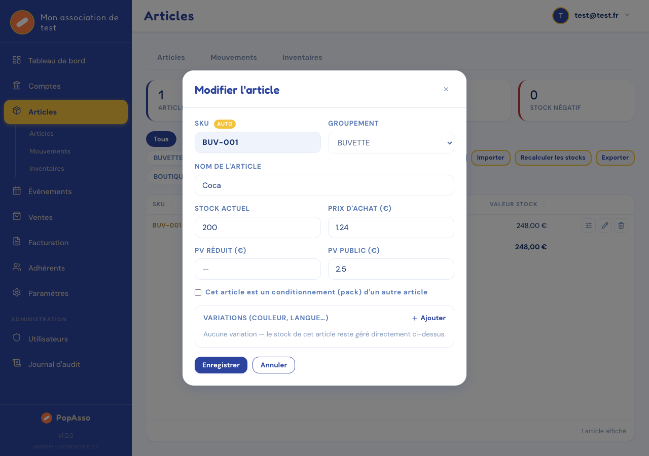 Formulaire de modification d'un article avec la section Variations.