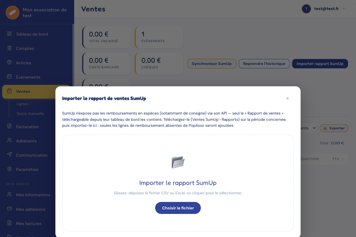 Fenêtre d'import du rapport de ventes SumUp, avec la zone de dépôt de fichier.