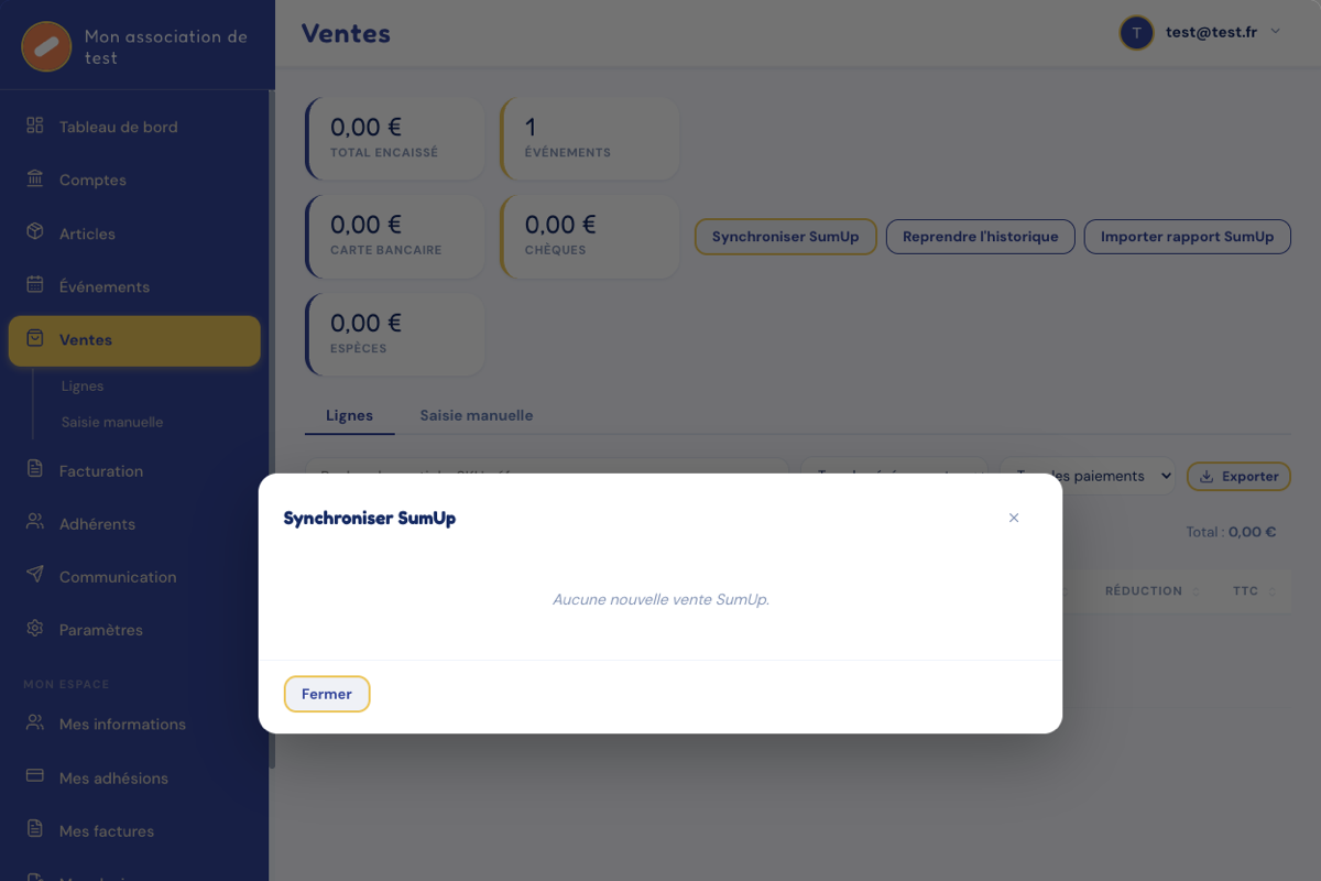 Fenêtre « Synchroniser SumUp » indiquant qu'aucune nouvelle vente n'est à importer.