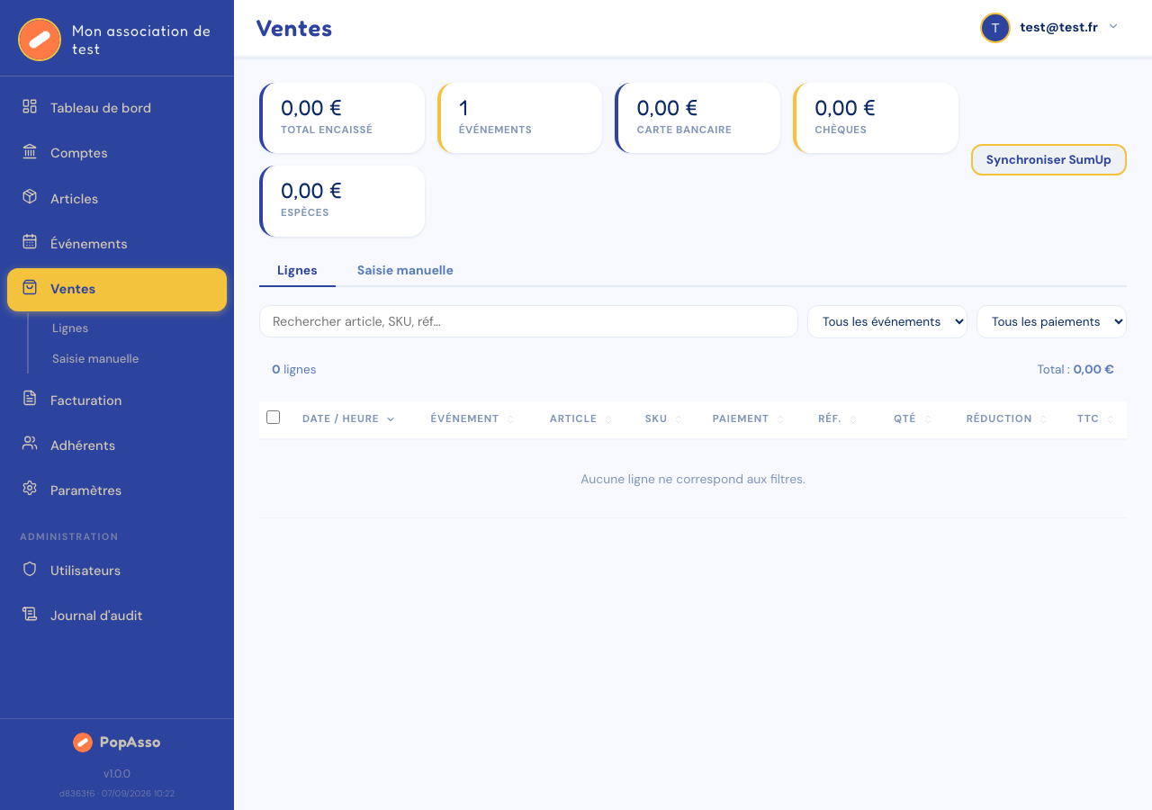 Écran Ventes avec les filtres par événement et par mode de paiement.